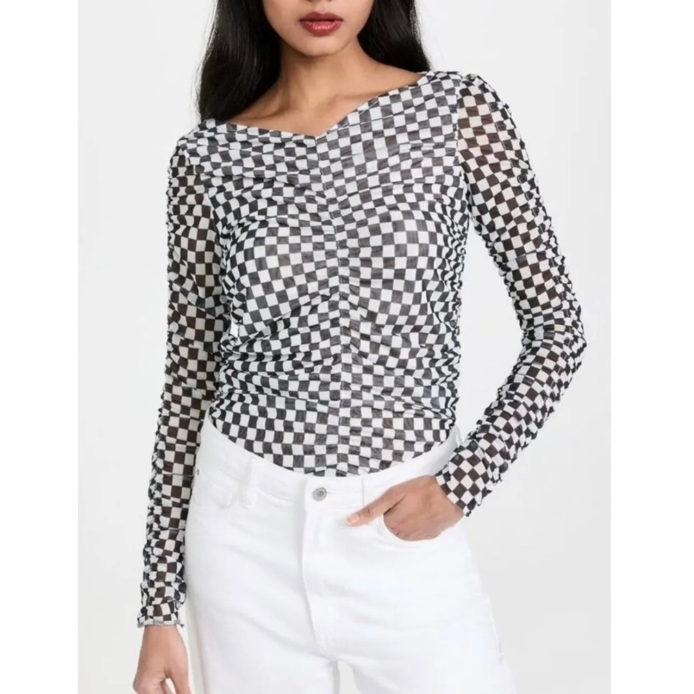 Baum Und Pferdgarten Joselle Check Top XS Black Checkered Mesh Ruched Y2K Goth